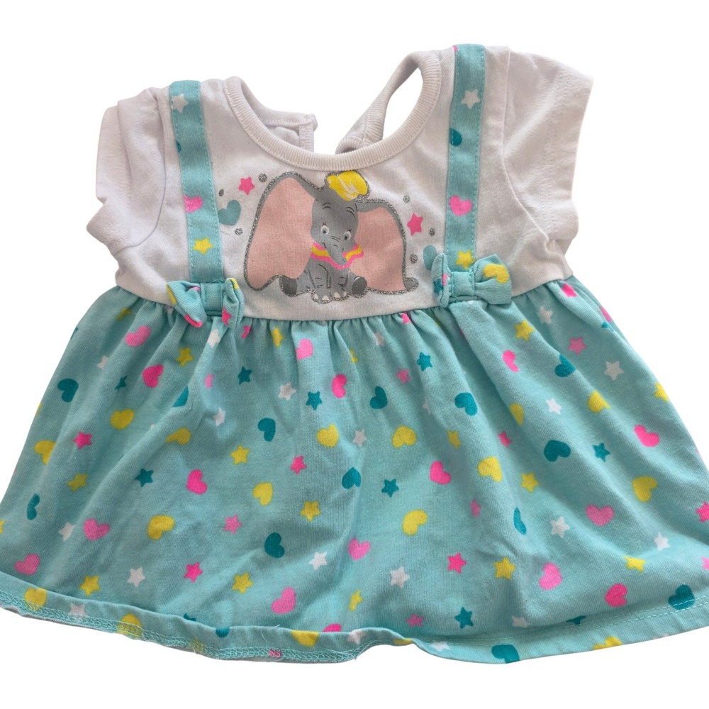 Disney Baby Dumbo Dress Blue Aqua k Yellow Hearts Stars Suspender Bows 12 Months